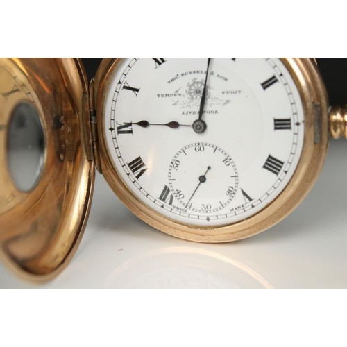 307 - A Tho's Russell & Son half hunter pocket watch, gold plated Elgin case, top winding movement with su... 