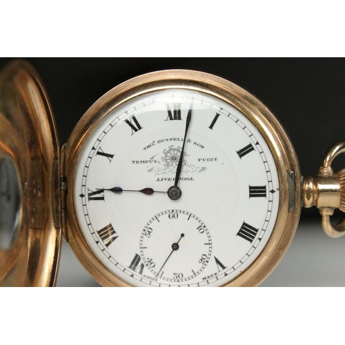 307 - A Tho's Russell & Son half hunter pocket watch, gold plated Elgin case, top winding movement with su... 