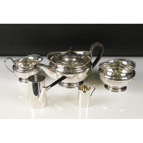 328 - A silver plated Harrods tea set to include tea pot, sugar bowl and cream jug together with an Asprey... 