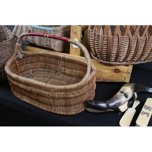 438 - Four Early to Mid century Wicker Baskets together with a Horn Crocodile, 39cm long, Bone Shoe Horn a... 