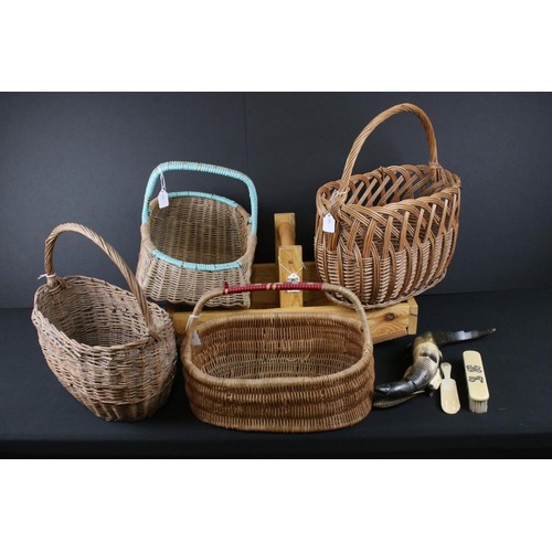 438 - Four Early to Mid century Wicker Baskets together with a Horn Crocodile, 39cm long, Bone Shoe Horn a... 