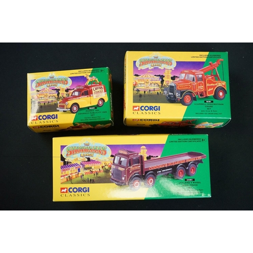 1165 - 12 boxed Corgi The Showmans Range, to include 24801 Leyland Dodgem Truck & Caravan Set, 21701 AEC Cl... 