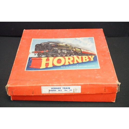 250 - Boxed Hornby O gauge Goods Set No 30 with locomotive & tender in green, 2 x items of rolling stock a... 