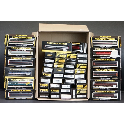 277 - 50 N gauge items of rolling stock, all coaches, contained within Graham Farish boxes, some incorrect... 