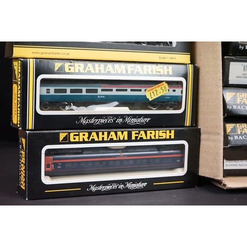 277 - 50 N gauge items of rolling stock, all coaches, contained within Graham Farish boxes, some incorrect... 