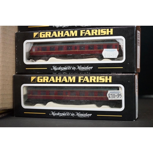 277 - 50 N gauge items of rolling stock, all coaches, contained within Graham Farish boxes, some incorrect... 