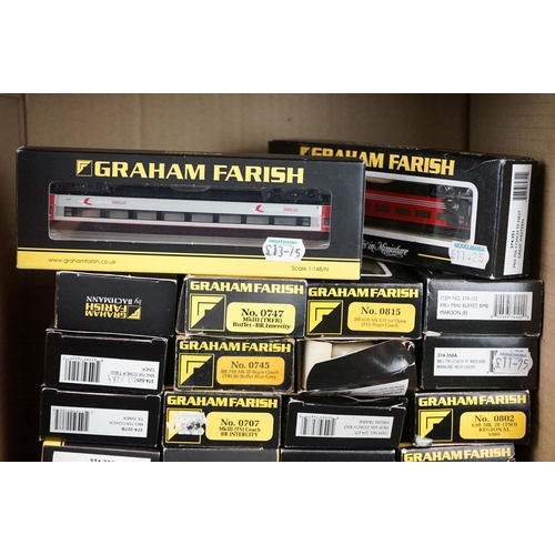 277 - 50 N gauge items of rolling stock, all coaches, contained within Graham Farish boxes, some incorrect... 