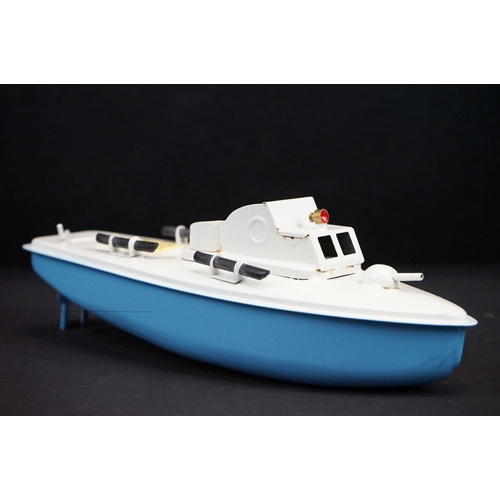 332 - Boxed Sutcliffe Clockwork Victor Motor Torpedo Boat tinplate model  in pale blue & white, complete w... 