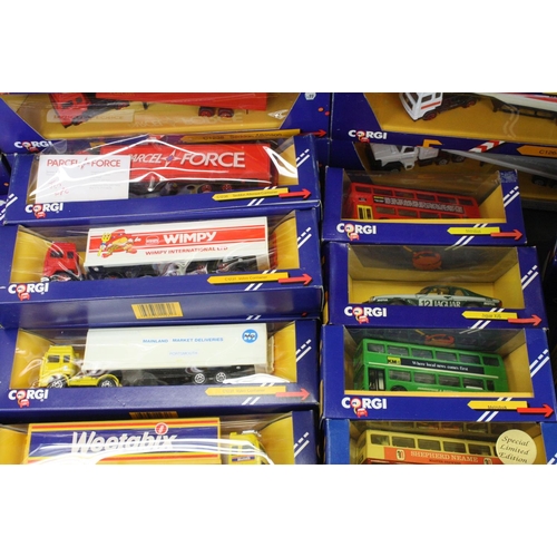 1269 - 50 Boxed Corgi 1980s diecast model trucks & buses to include Metrobus C675/6 Metrobus C675/1, Volvo ... 