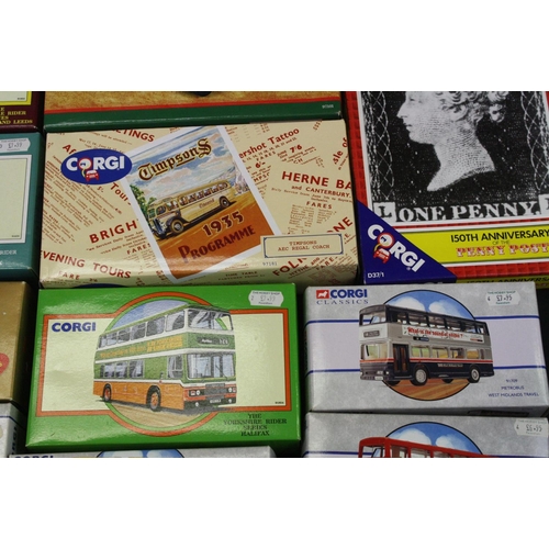 1288 - 38 Boxed Corgi diecast model buses & coaches to include 3 x 469 Routemasters, Timpsons AEC  Regal Co... 