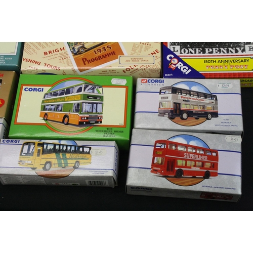 1288 - 38 Boxed Corgi diecast model buses & coaches to include 3 x 469 Routemasters, Timpsons AEC  Regal Co... 