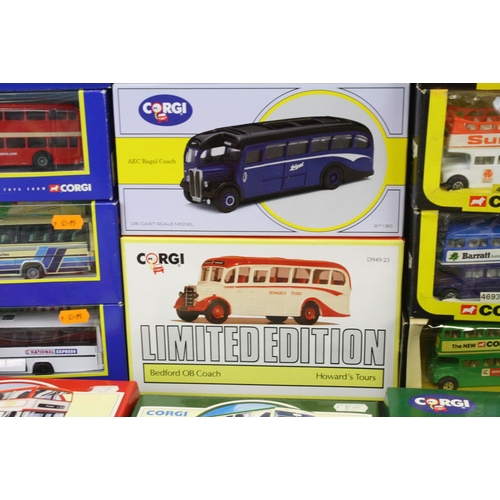 1288 - 38 Boxed Corgi diecast model buses & coaches to include 3 x 469 Routemasters, Timpsons AEC  Regal Co... 