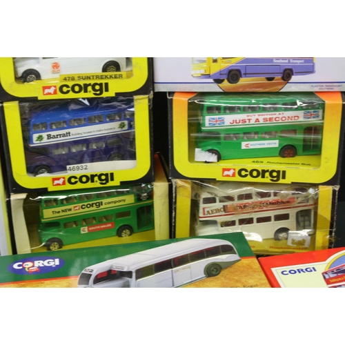 1288 - 38 Boxed Corgi diecast model buses & coaches to include 3 x 469 Routemasters, Timpsons AEC  Regal Co... 