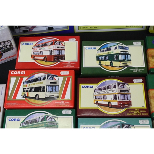 1288 - 38 Boxed Corgi diecast model buses & coaches to include 3 x 469 Routemasters, Timpsons AEC  Regal Co... 