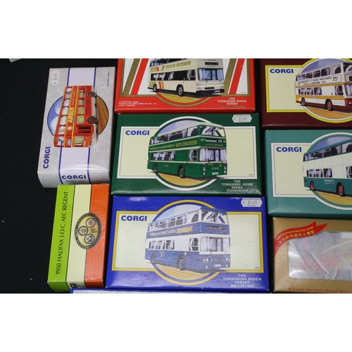 1288 - 38 Boxed Corgi diecast model buses & coaches to include 3 x 469 Routemasters, Timpsons AEC  Regal Co... 