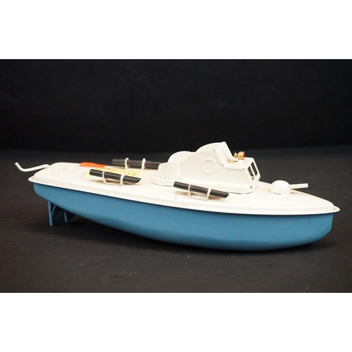 340 - Boxed Sutcliffe Clockwork Victor Motor Torpedo Boat tinplate model  in pale blue & blue, complete wi... 