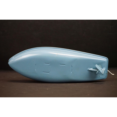 340 - Boxed Sutcliffe Clockwork Victor Motor Torpedo Boat tinplate model  in pale blue & blue, complete wi... 