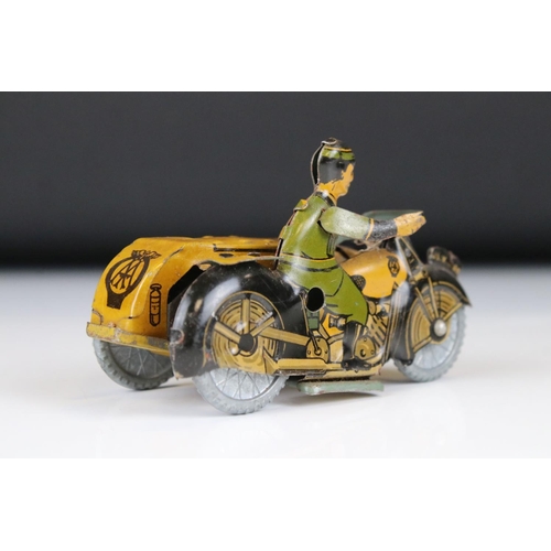 1332 - Mettoy tin plate clockwork AA Patrol motorbike with sidecar model, gd overall condition, with key