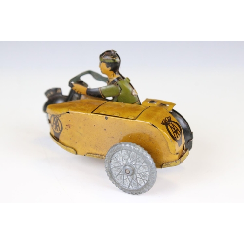 1332 - Mettoy tin plate clockwork AA Patrol motorbike with sidecar model, gd overall condition, with key