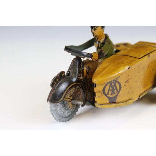 1332 - Mettoy tin plate clockwork AA Patrol motorbike with sidecar model, gd overall condition, with key