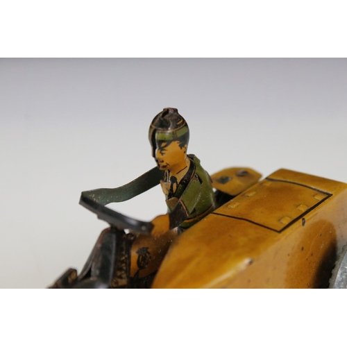 1332 - Mettoy tin plate clockwork AA Patrol motorbike with sidecar model, gd overall condition, with key