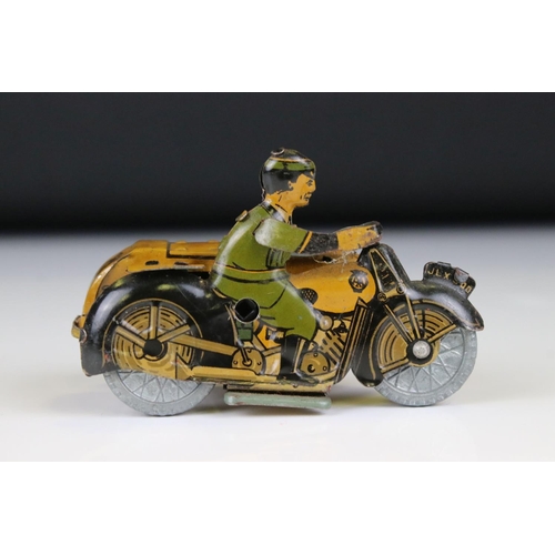 1332 - Mettoy tin plate clockwork AA Patrol motorbike with sidecar model, gd overall condition, with key