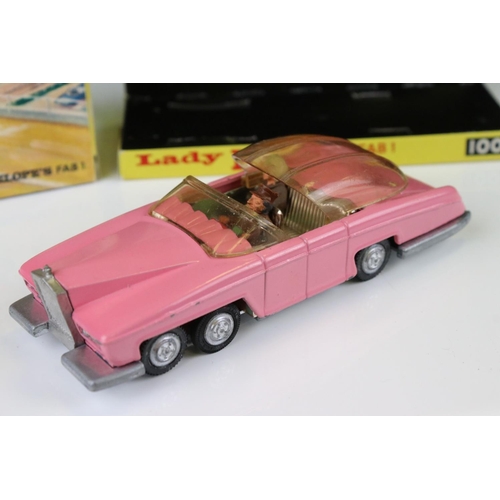 1336 - Dinky Thunderbirds 100 Lady Penelope's Fab 1 diecast model in pink, with both figures, some paint ch... 