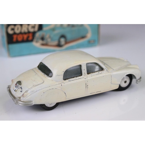 1339 - Boxed Corgi 208 Jaguar 2.4 Litre Saloon diecast model in white, showing some discolouring and paint ... 