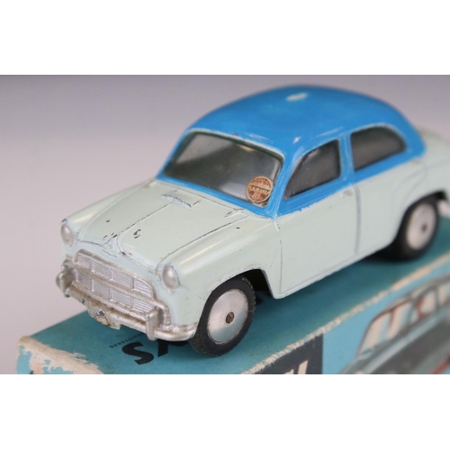 1340 - Boxed Corgi 202 Morris Cowley Saloon diecast model in two tone off white/blue colourway, blue outer ... 