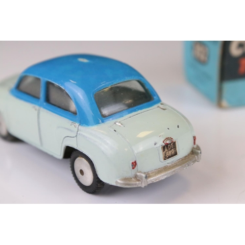 1340 - Boxed Corgi 202 Morris Cowley Saloon diecast model in two tone off white/blue colourway, blue outer ... 