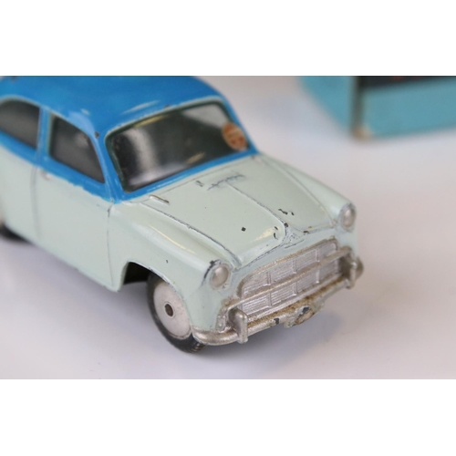 1340 - Boxed Corgi 202 Morris Cowley Saloon diecast model in two tone off white/blue colourway, blue outer ... 