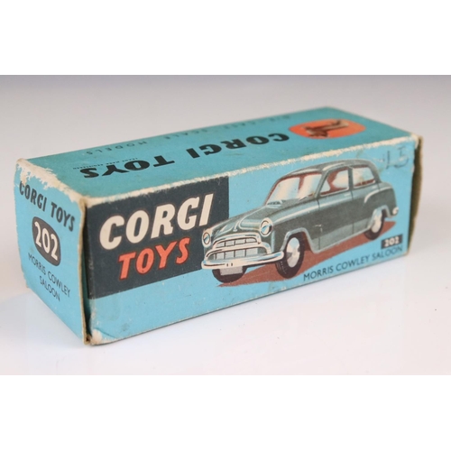 1340 - Boxed Corgi 202 Morris Cowley Saloon diecast model in two tone off white/blue colourway, blue outer ... 