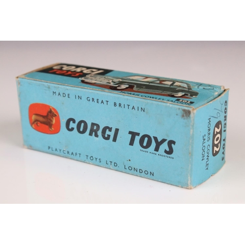 1340 - Boxed Corgi 202 Morris Cowley Saloon diecast model in two tone off white/blue colourway, blue outer ... 