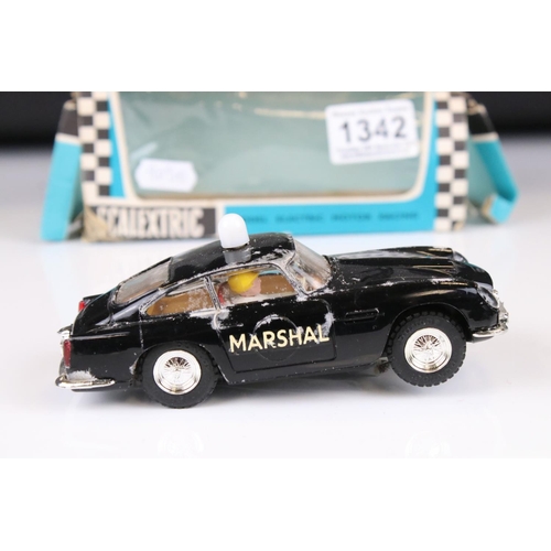 1342 - Boxed Triang Scalextric Marshal's Car, showing play wear and discolouring to plastic, tatty box