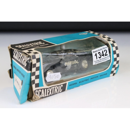 1342 - Boxed Triang Scalextric Marshal's Car, showing play wear and discolouring to plastic, tatty box