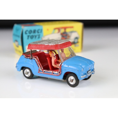 1347 - Boxed Corgi 240 Ghia Fiat 600 diecast model in blue with red interior and silver roof, both figures,... 