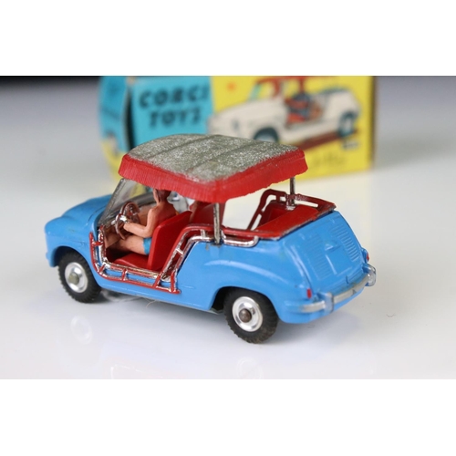 1347 - Boxed Corgi 240 Ghia Fiat 600 diecast model in blue with red interior and silver roof, both figures,... 