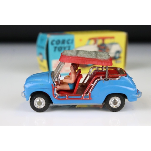 1347 - Boxed Corgi 240 Ghia Fiat 600 diecast model in blue with red interior and silver roof, both figures,... 