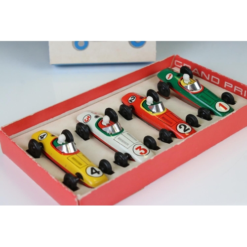 1362 - Boxed GDR made tin plate 5012 Grand Prix set of 4 x racing cars, features yellow, red, white & green... 