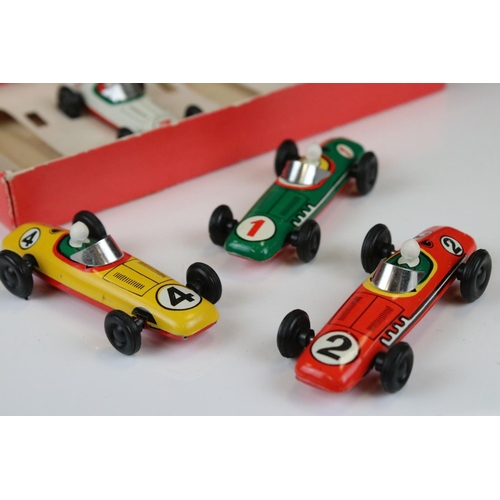 1362 - Boxed GDR made tin plate 5012 Grand Prix set of 4 x racing cars, features yellow, red, white & green... 