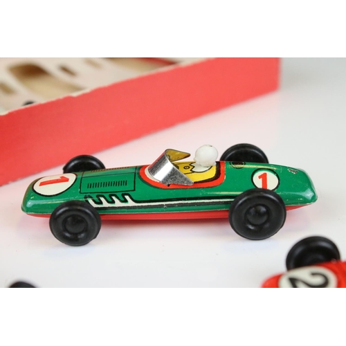 1362 - Boxed GDR made tin plate 5012 Grand Prix set of 4 x racing cars, features yellow, red, white & green... 