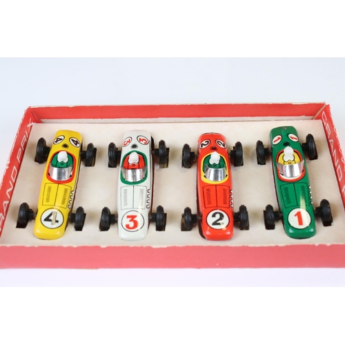 1362 - Boxed GDR made tin plate 5012 Grand Prix set of 4 x racing cars, features yellow, red, white & green... 