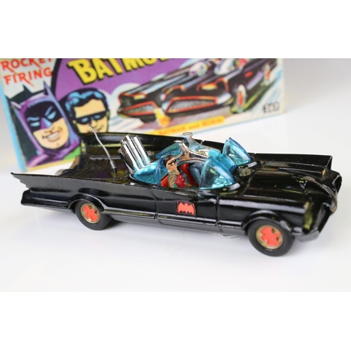 1363 - Boxed Corgi 267 Batmobile diecast model with Batman & Robin figures, siren has been snapped off from... 