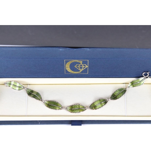 174 - Ivar T Holth, Norwegian Sterling Silver and Guilloche Enamel Green Leaf Bracelet, marked ' H Sterlin... 