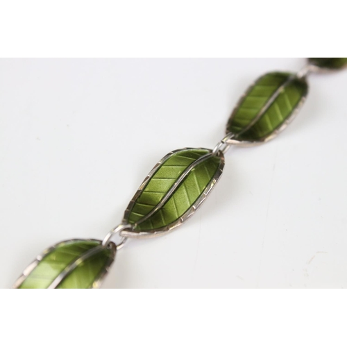 174 - Ivar T Holth, Norwegian Sterling Silver and Guilloche Enamel Green Leaf Bracelet, marked ' H Sterlin... 