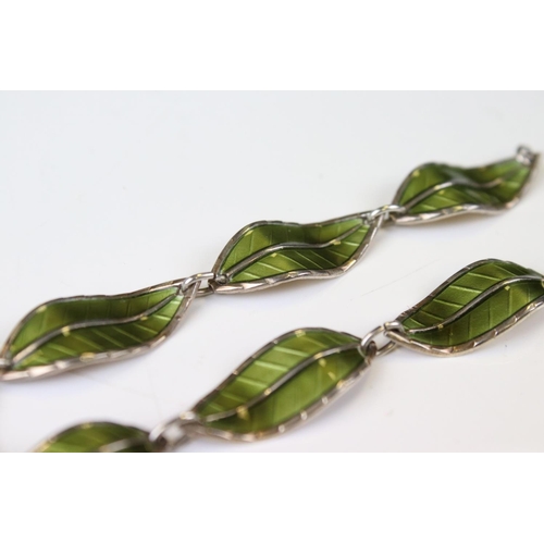 174 - Ivar T Holth, Norwegian Sterling Silver and Guilloche Enamel Green Leaf Bracelet, marked ' H Sterlin... 