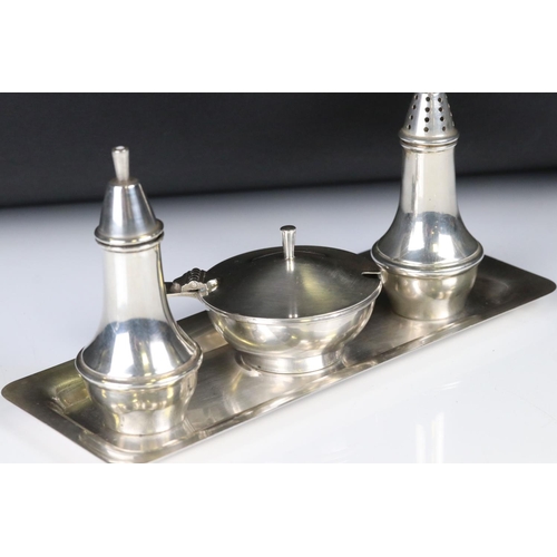 38 - Silver hallmarked plain polished Three Piece Cruet Set on Tray, Birmingham 1970, Albert Edward Jones... 