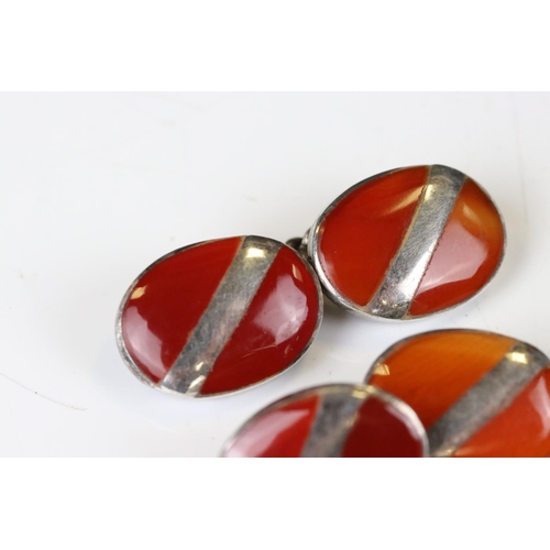 39 - Pair of 1930's Silver and Polished Carnelian Double-sided Oval Cufflinks, stamped 925, each cufflink... 