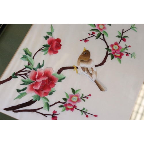 502 - Five Chinese Embroideries on Silk depicting Birds within flowering trees, largest 32cm x 22cm, all f... 