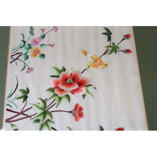 502 - Five Chinese Embroideries on Silk depicting Birds within flowering trees, largest 32cm x 22cm, all f... 